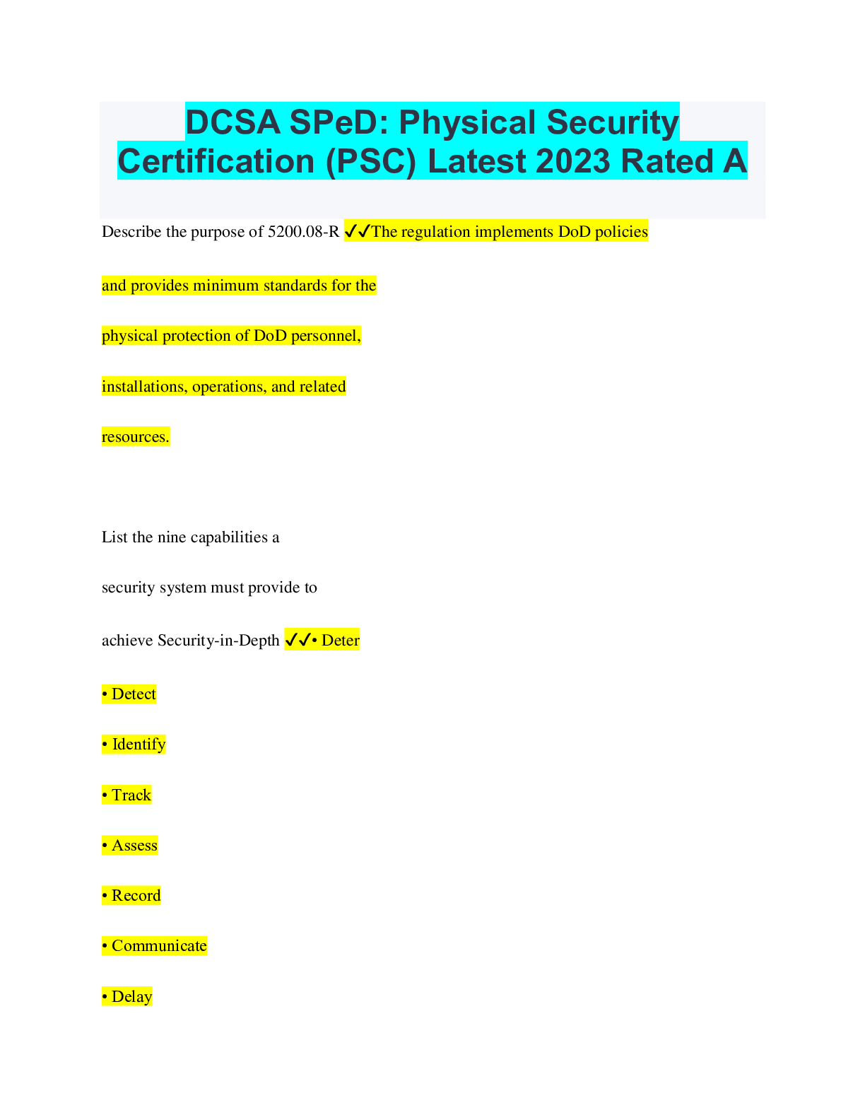 Preview of DCSA SPeD: Physical Security Certification (PSC) Latest 2023 Rated A